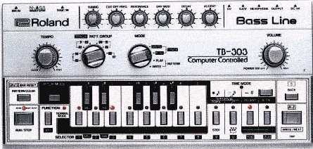 Image shows the iconic Roland TB-303, popularised initially by Kraftwerk and then basically the acid house scene and a LOT of techno that followed that. This machine is what got us into trying to make music.